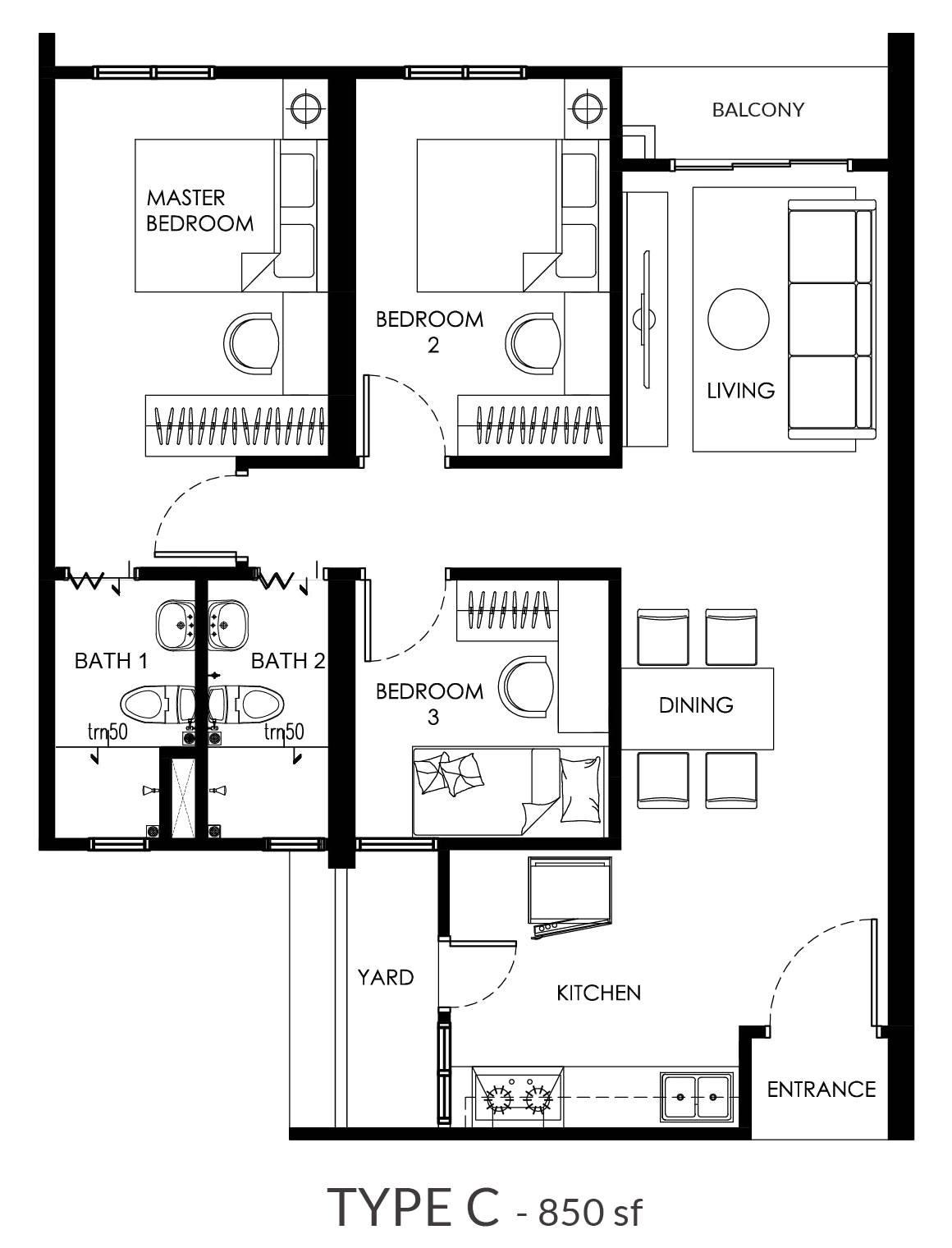 Type C unit plan, 850 sf
