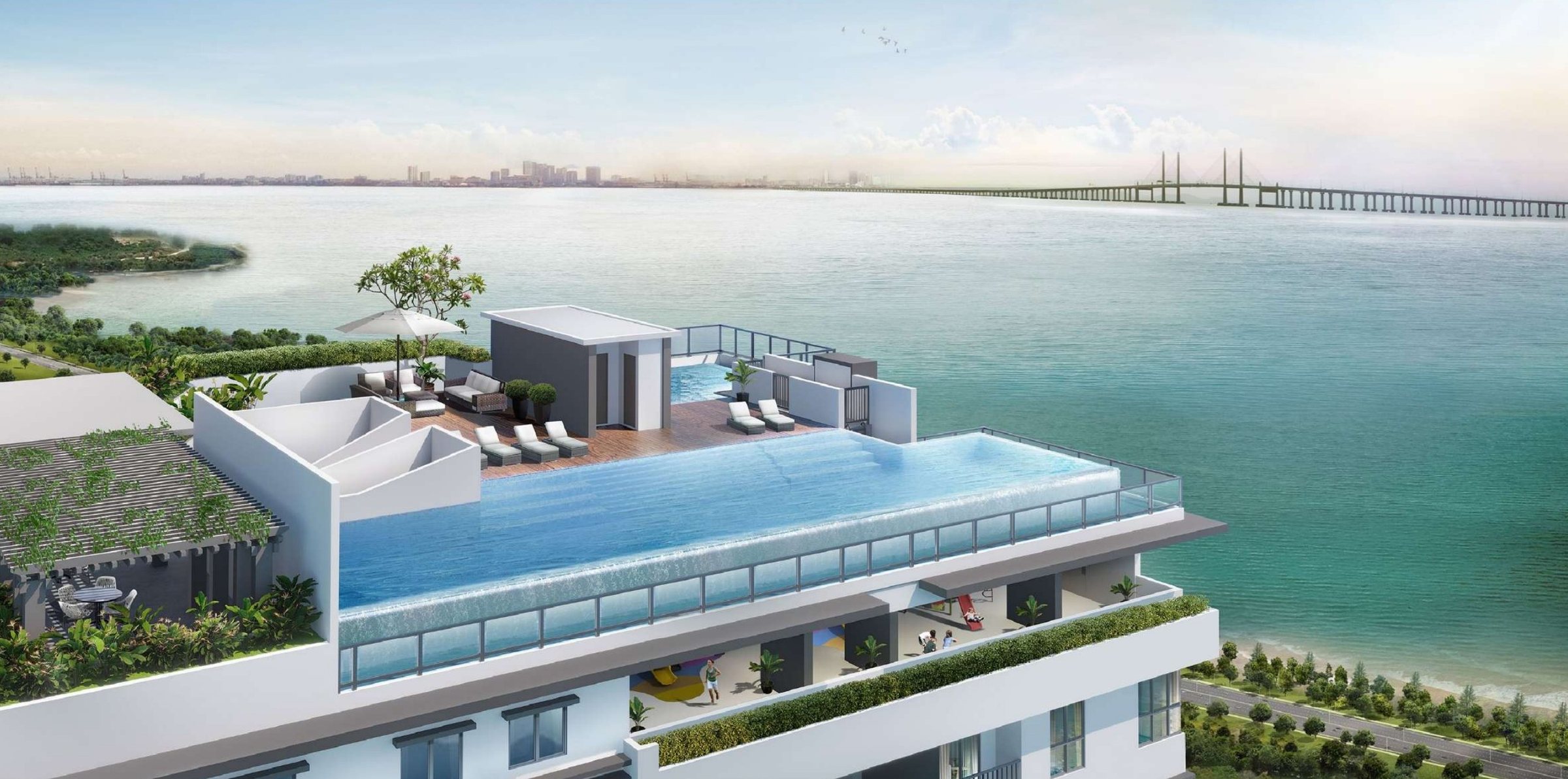 Artist's impression of the Level 42 rooftop pool overlooking the sea