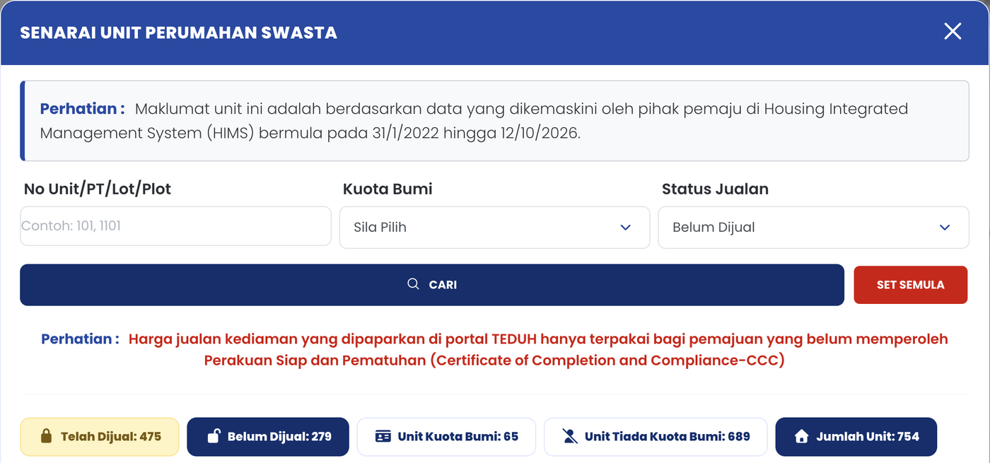 TEDUH screenshot for Grace Harmony: Telah Dijual 475, Belum Dijual 279, Jumlah Unit 754